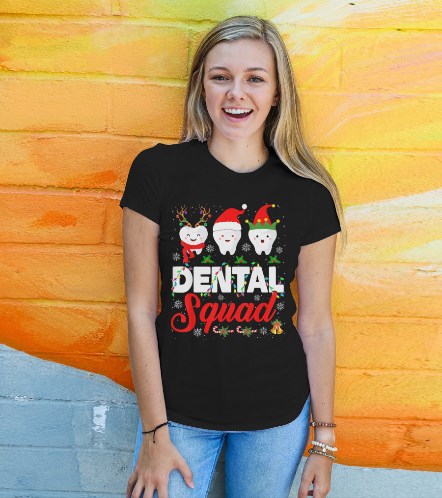 Dental Squad Funny Hygienist Dentist Love Christmas Themed Tooth Characters T-Shirt