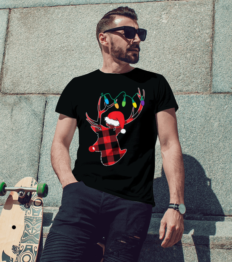 Christmas Deer Santa Hat Buffalo Plaid String Lights T-Shirt