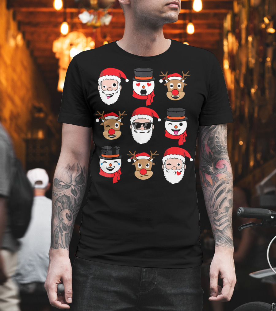 Santa Claus Emoji Faces with Reindeer and Snowman Expressions T-Shirt