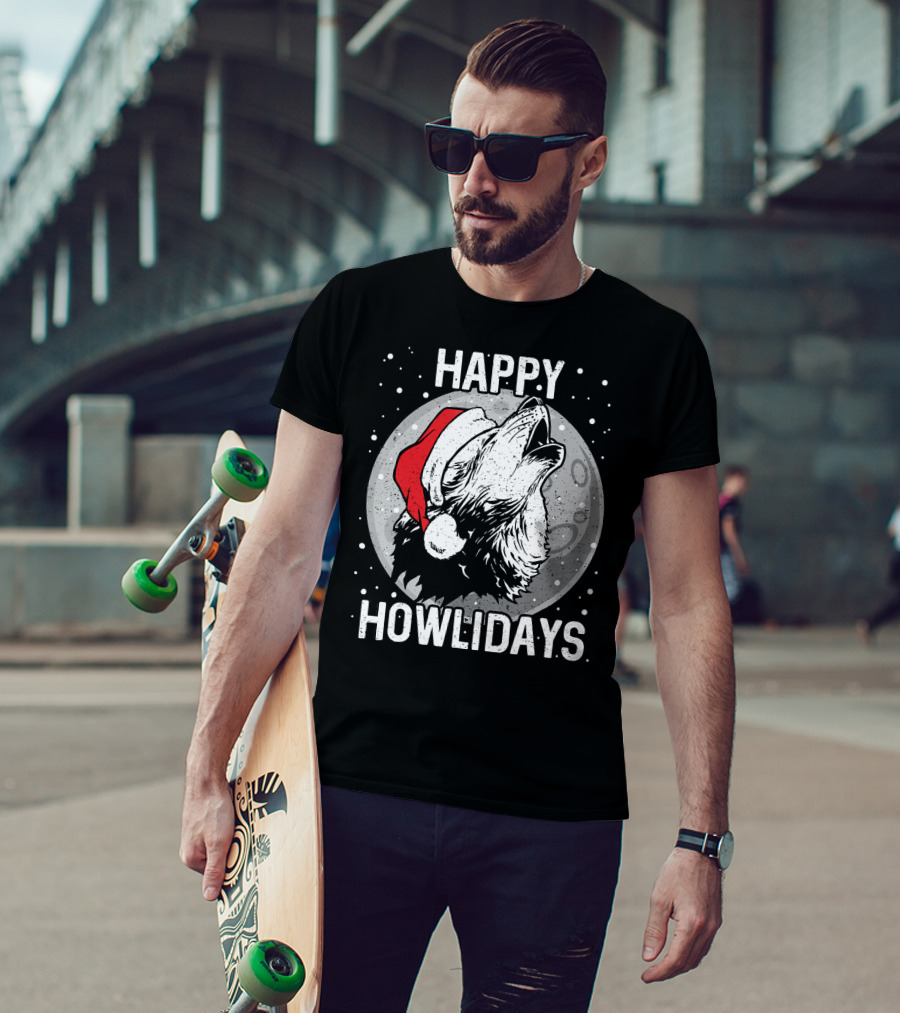 Happy Howlidays Christmas Wolf Santa Hat Moon T-Shirt