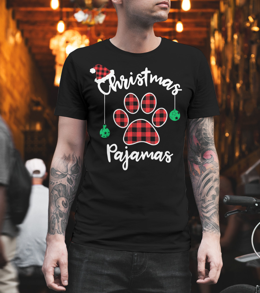 Christmas Pajamas Buffalo Plaid Santa Hat Paw Prints T-Shirt