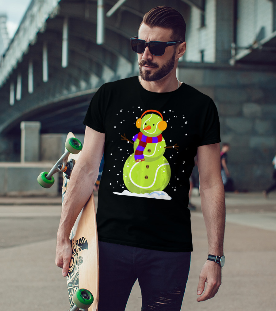 Dabbing Tennis Ball Snowman With Scarf And Earmuffs T-Shirt