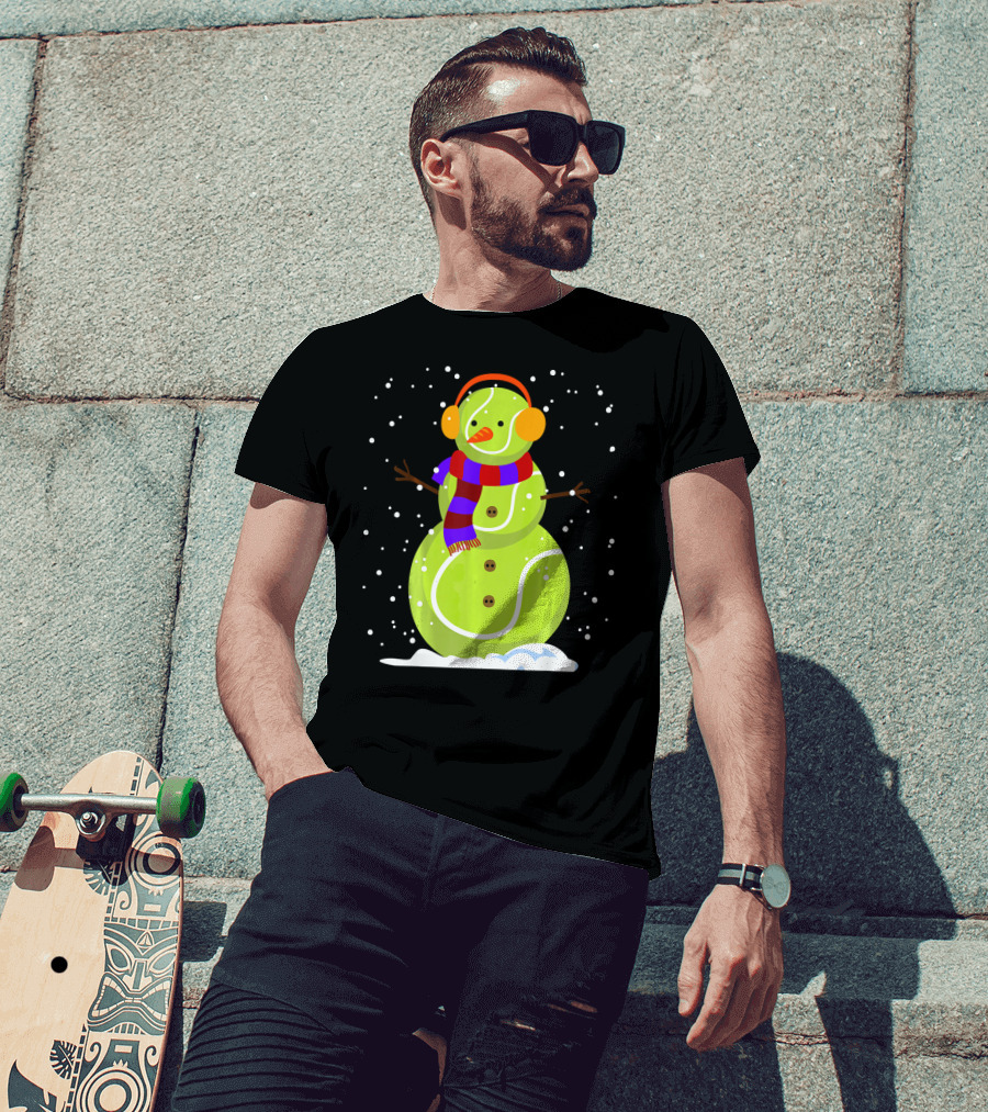 Dabbing Tennis Ball Snowman With Scarf And Earmuffs T-Shirt