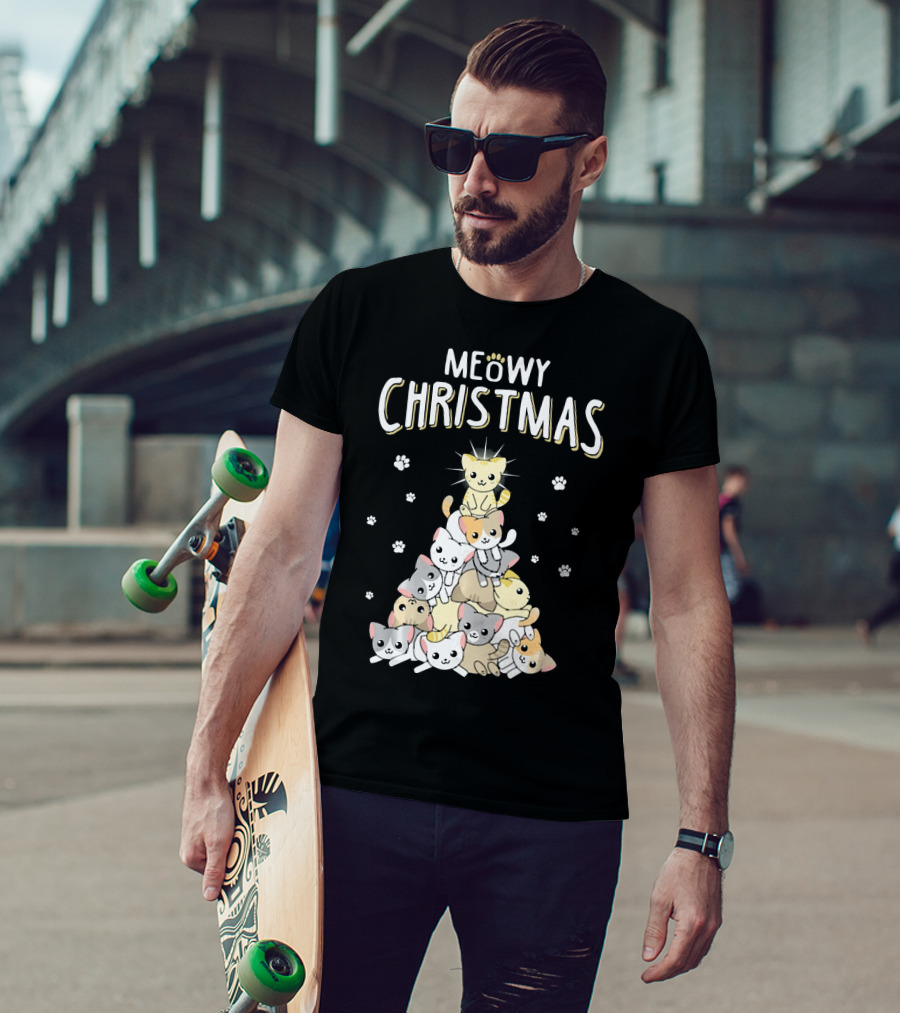 Meowy Christmas Cats Tree With Cute Paw Prints T-Shirt