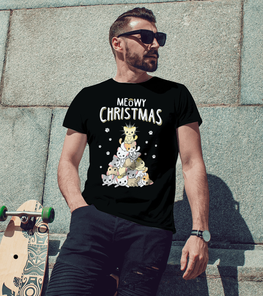 Meowy Christmas Cats Tree With Cute Paw Prints T-Shirt