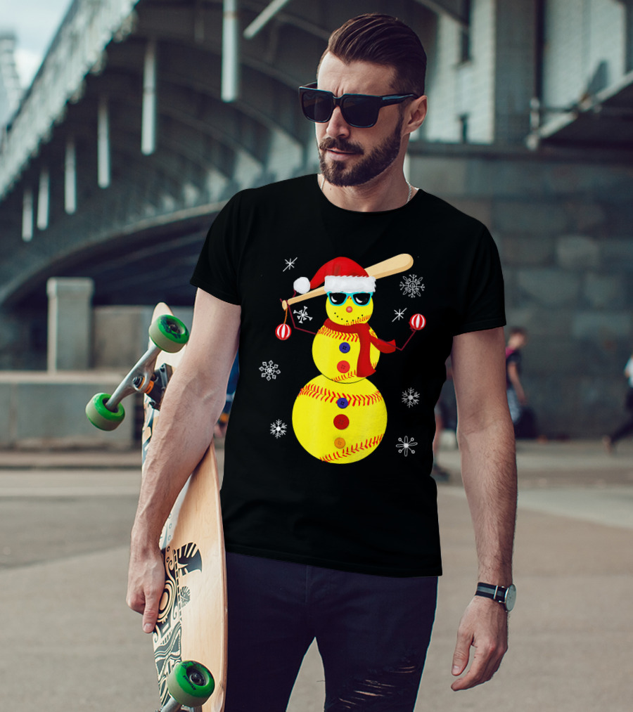 Christmas Softball Snowman With Bat And Santa Hat T-Shirt