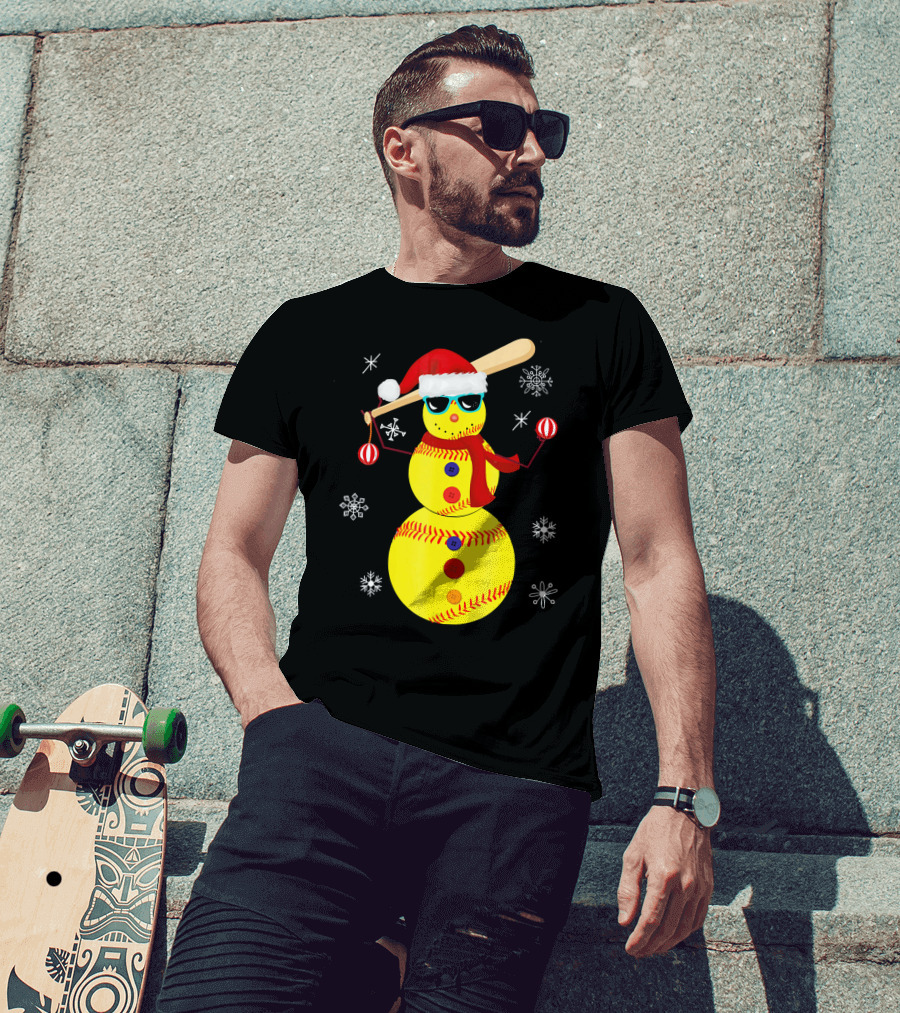 Christmas Softball Snowman With Bat And Santa Hat T-Shirt