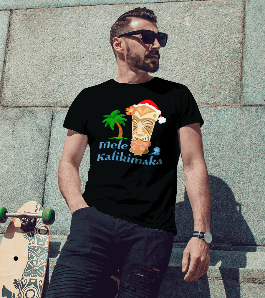 Mele Kalikimaka Hawaiian Christmas Tiki With Palm Tree And Santa Hat T-Shirt