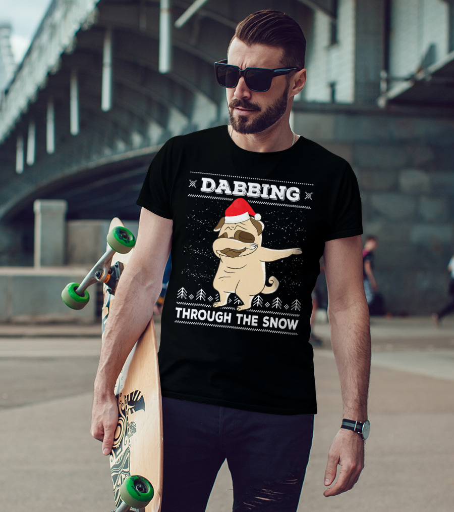 Dabbing Pug Through The Snow Santa Hat T-Shirt