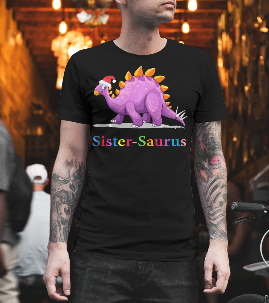Sister-Saurus Dinosaur With Santa Hat T-Shirt
