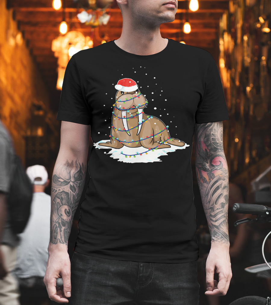 Walrus Wrapped in Christmas Lights with Santa Hat on Snow T-Shirt