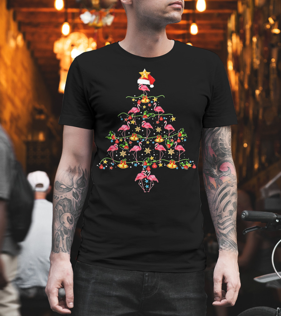 Flamingo Christmas Tree with Santa Hat and Decorations T-Shirt