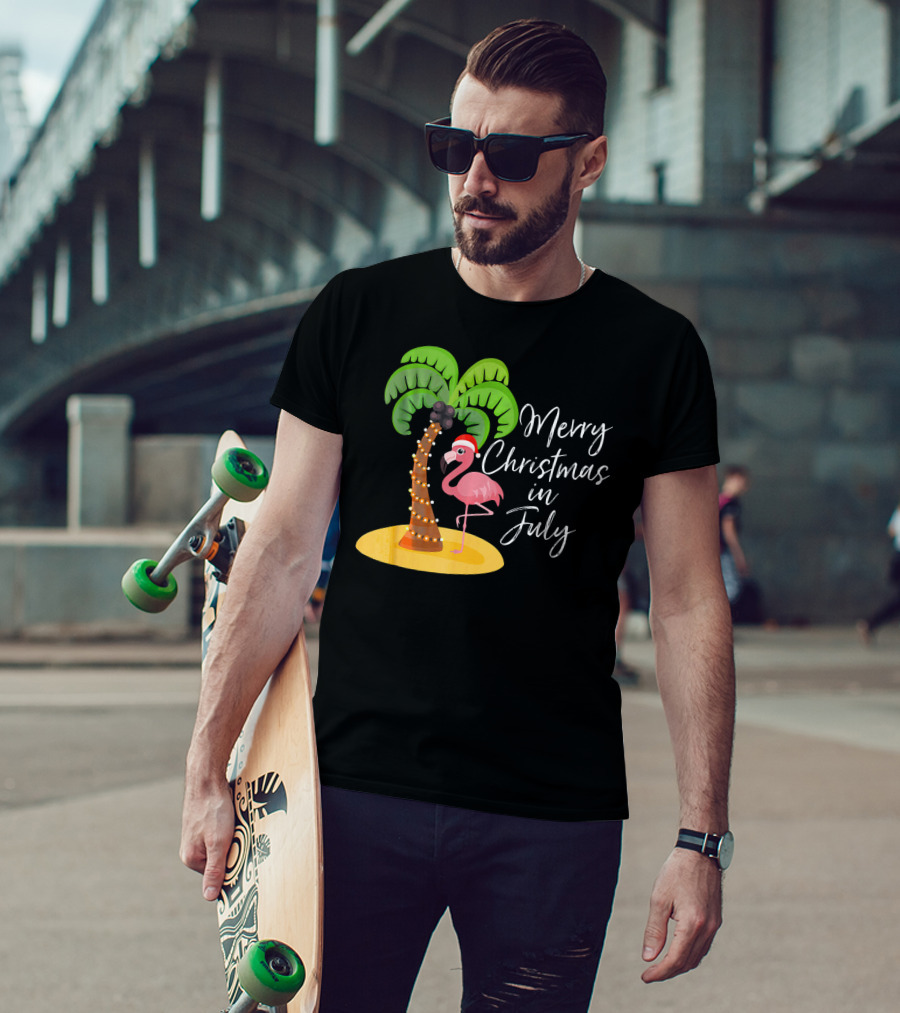 Merry Christmas In July Flamingo And Palm Tree T-Shirt