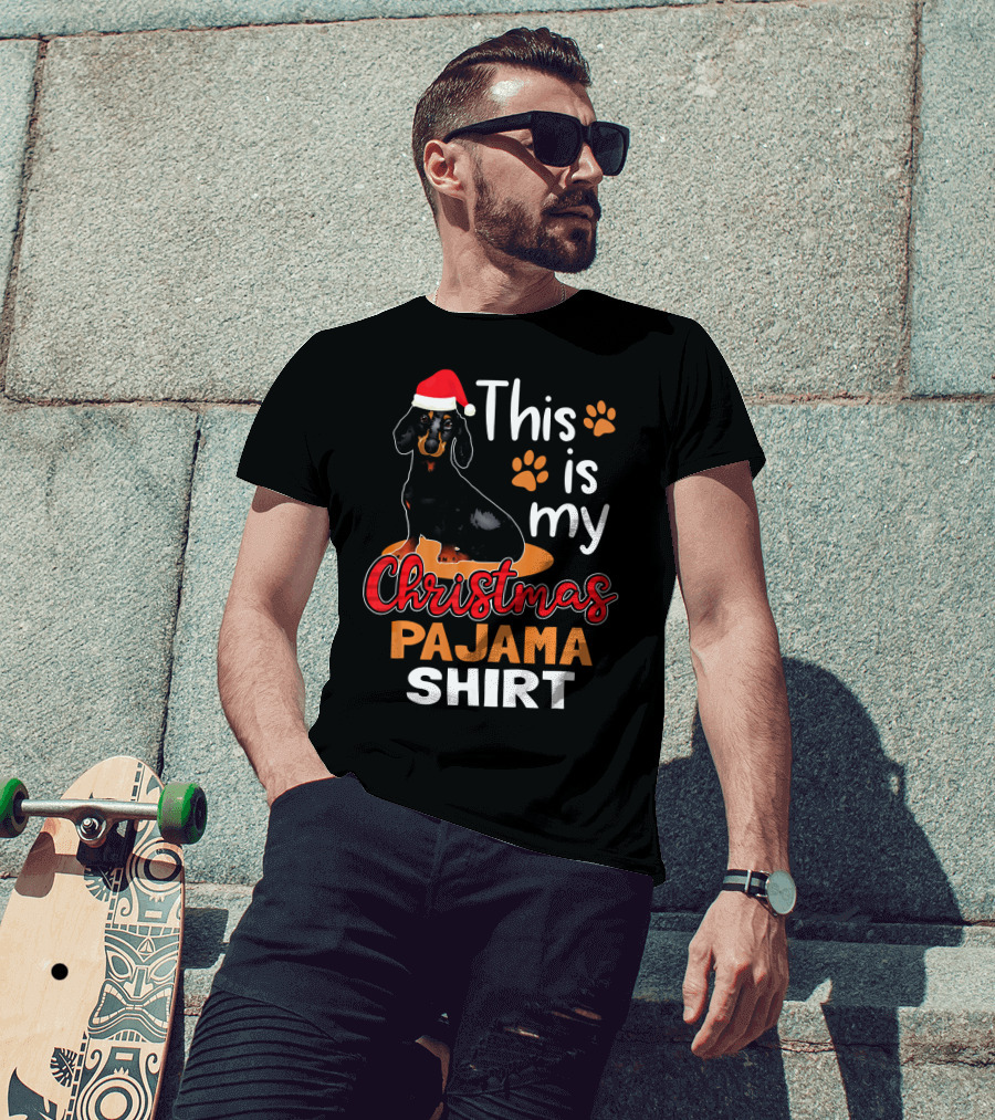 This Is My Christmas Pajama Shirt Dachshund Santa Hat Paw Prints T-Shirt