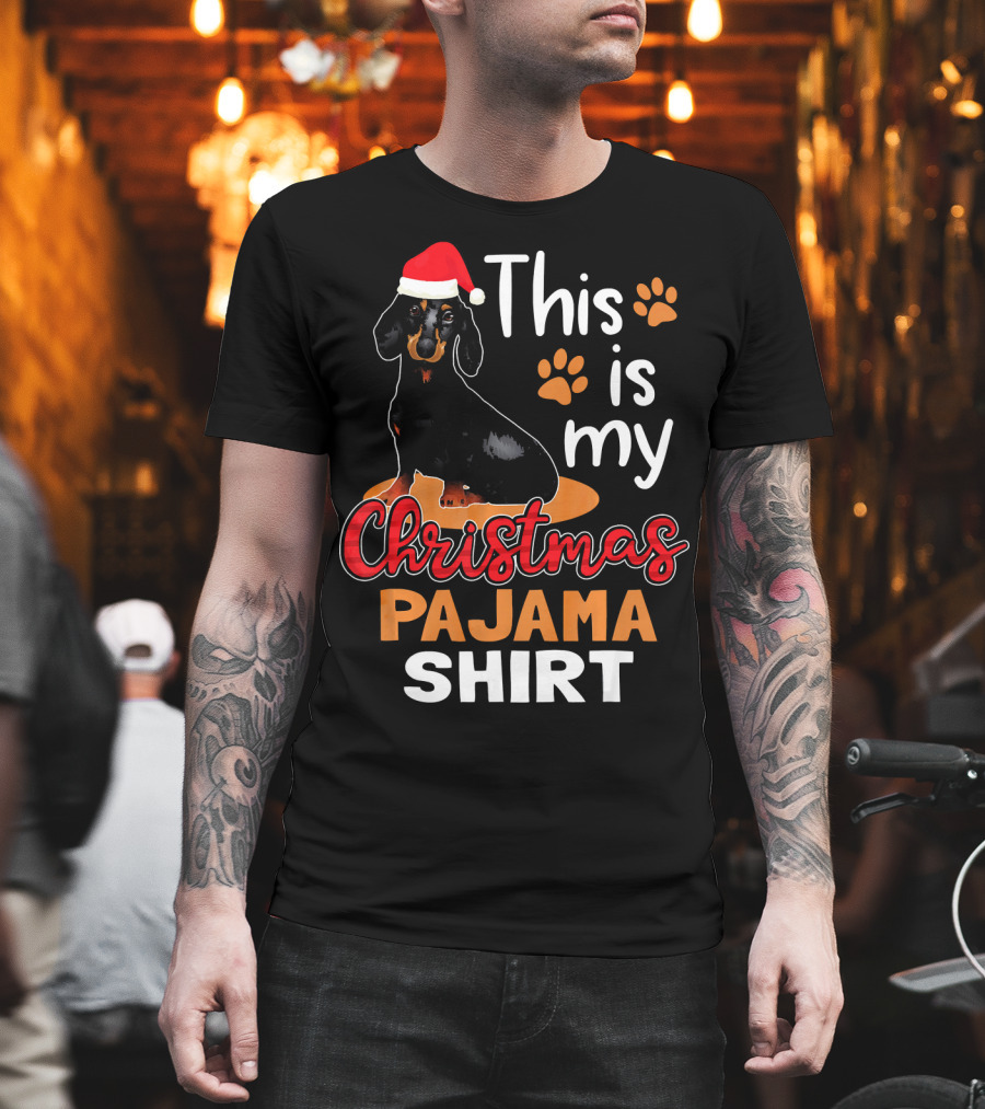 This Is My Christmas Pajama Shirt Dachshund Santa Hat Paw Prints T-Shirt