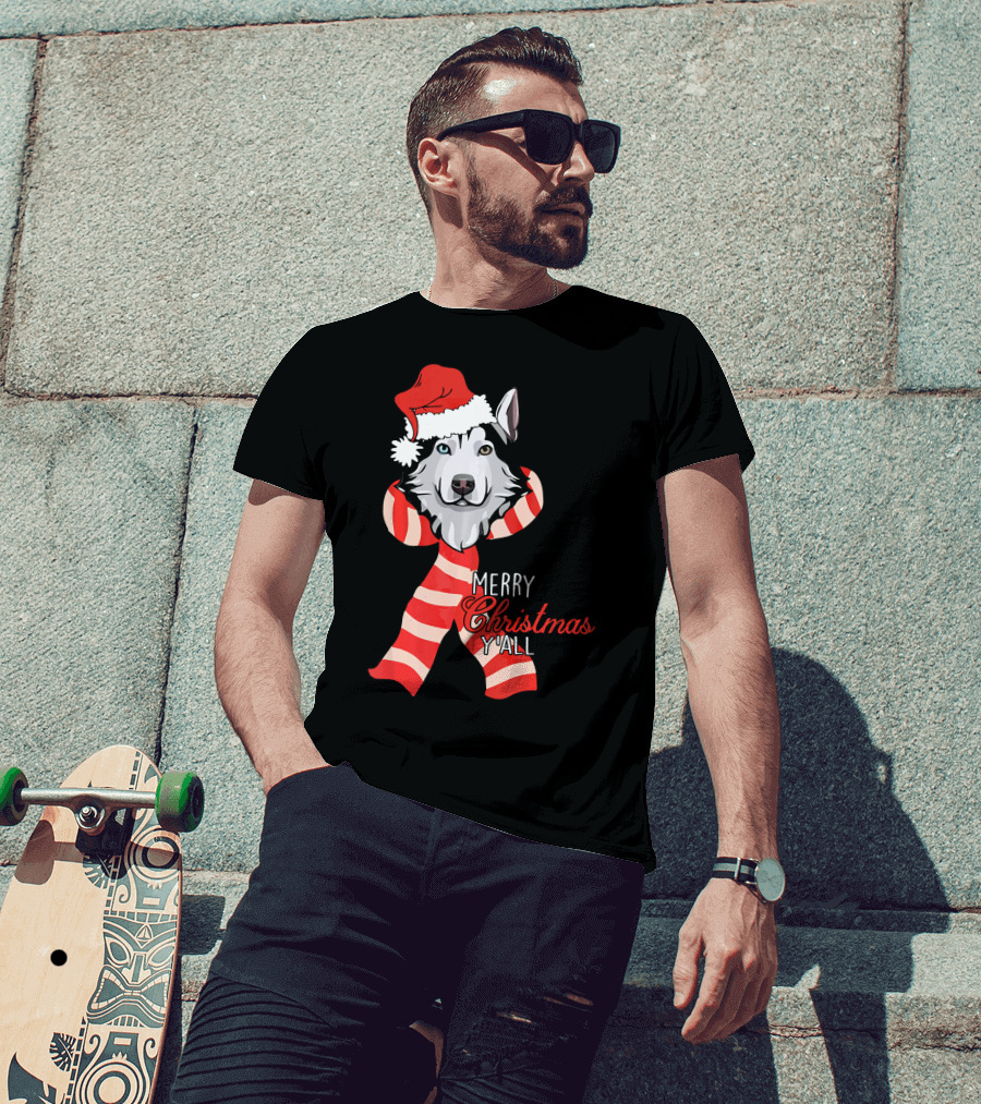 Merry Christmas Y'all Husky Dog In Santa Hat And Scarf T-Shirt