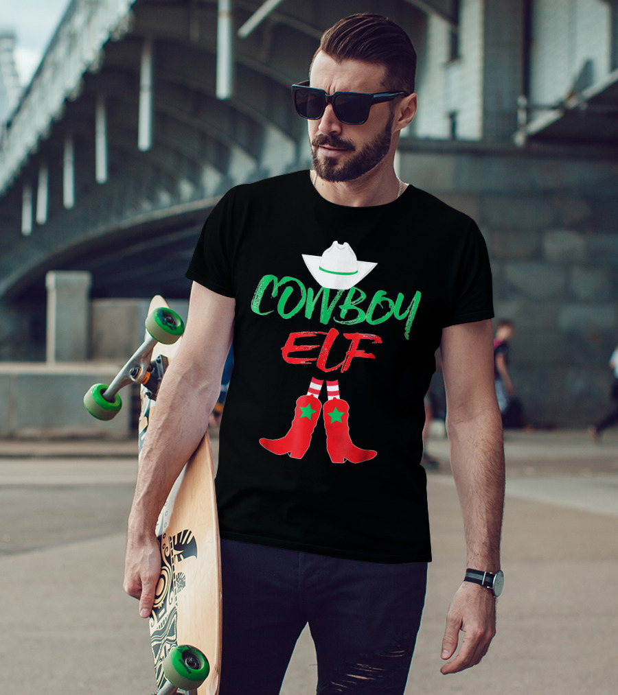 Cowboy Elf Christmas Hat Boots Men's Funny Holiday T-Shirt