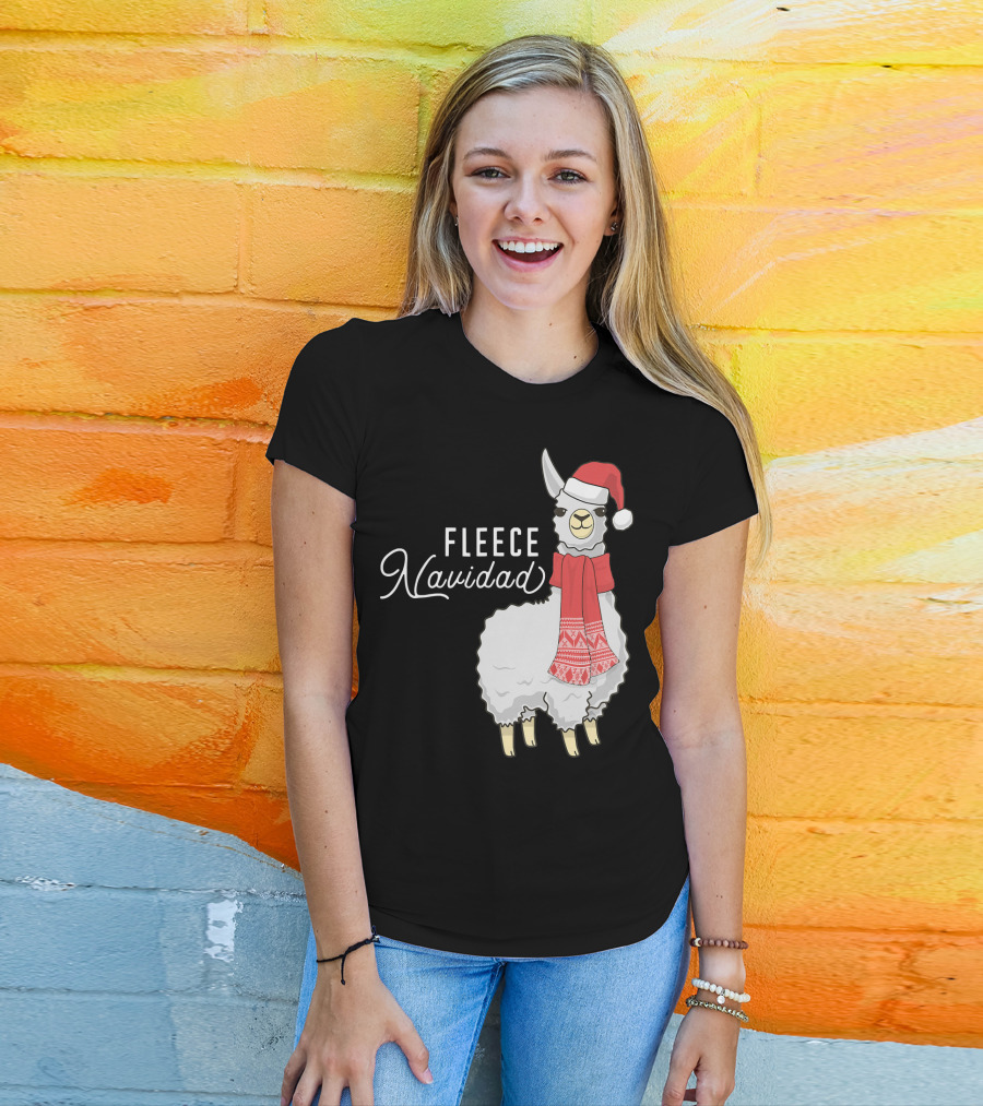 Fleece Navidad Christmas Llama Santa Hat Scarf T-Shirt