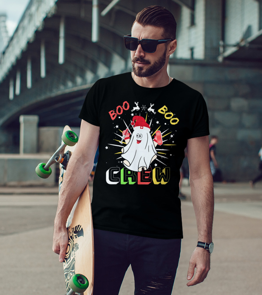 Boo Boo Crew Christmas Nurse Ghost With Bandages And Reindeer T-Shirt