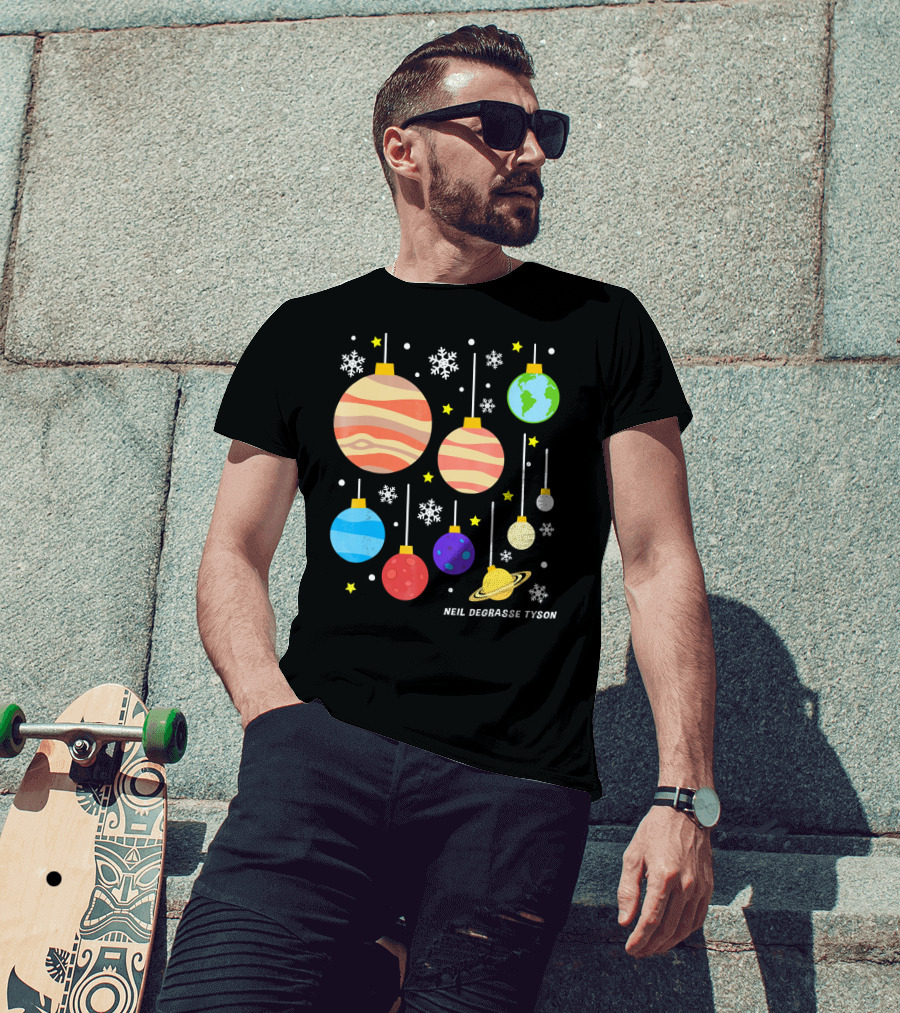 Neil DeGrasse Tyson Planets Hanging Ornaments Snowflakes Stars T-Shirt