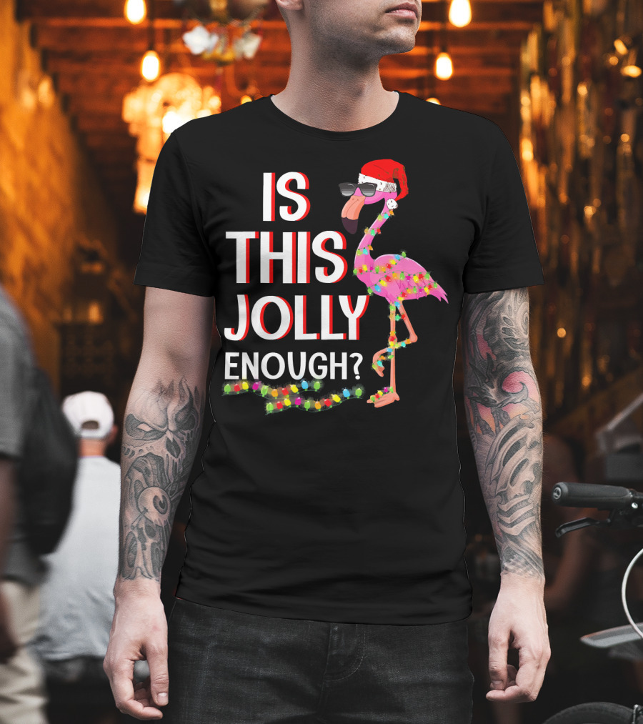 Is This Jolly Enough Flamingo Christmas Lights Santa Hat Sunglasses T-Shirt