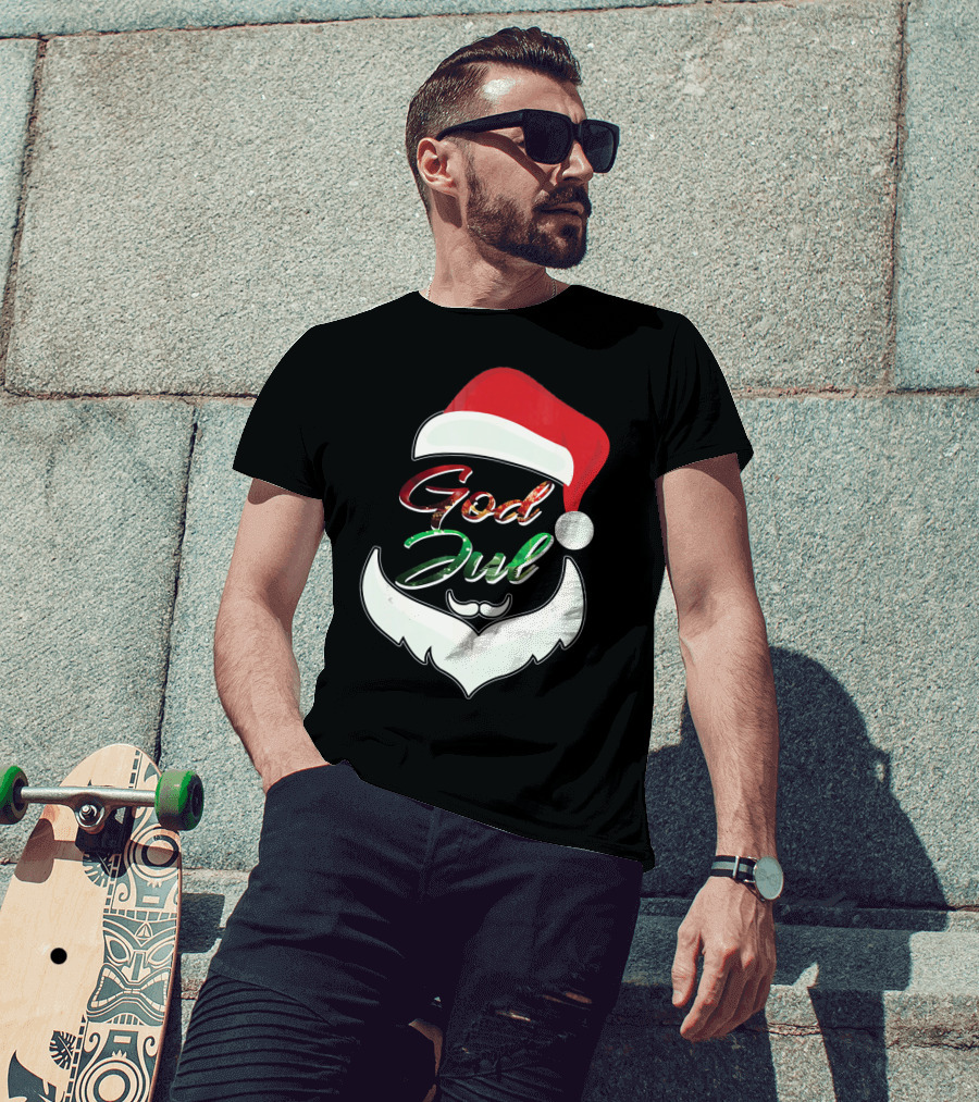 God Jul Norwegian Merry Christmas Santa Hat And Beard Design Norway T-Shirt
