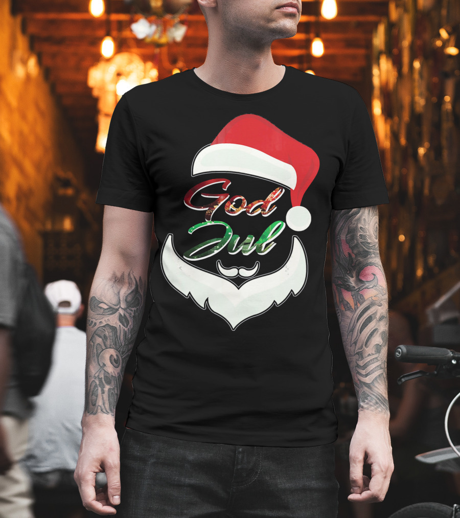 God Jul Norwegian Merry Christmas Santa Hat And Beard Design Norway T-Shirt