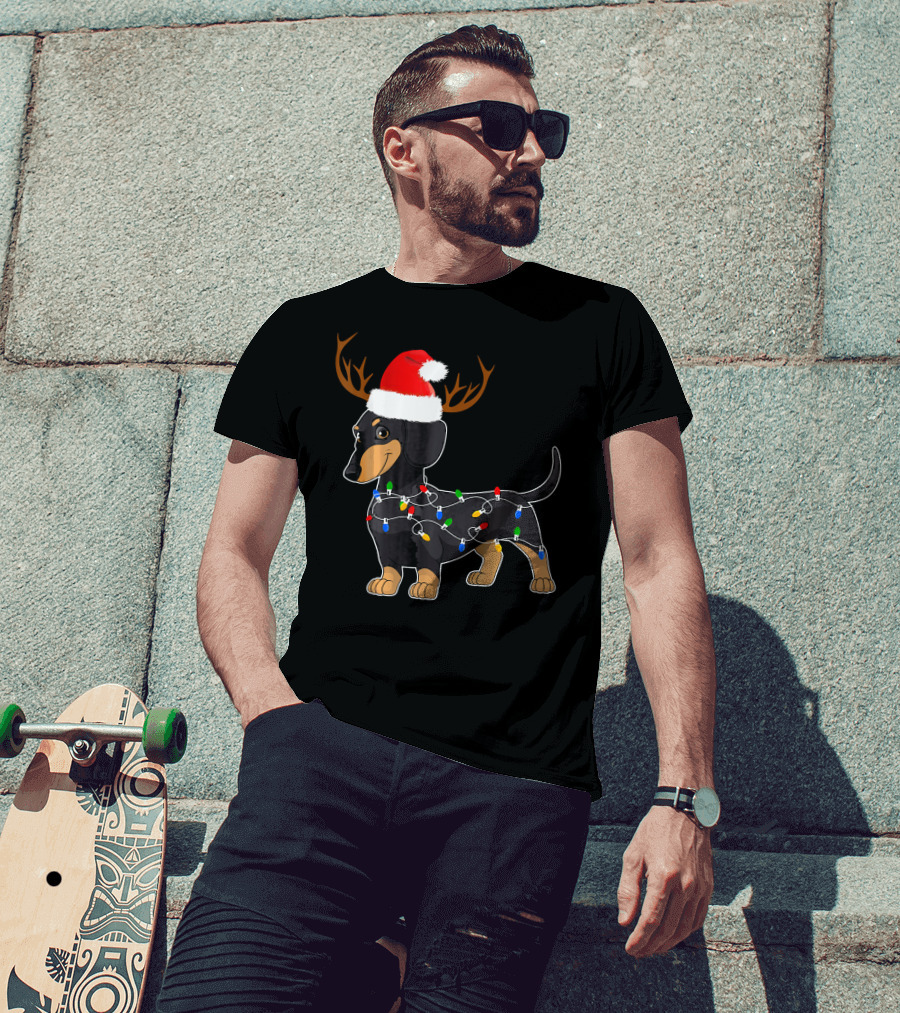 Dachshund Christmas Reindeer With Santa Hat And Holiday Lights T-Shirt