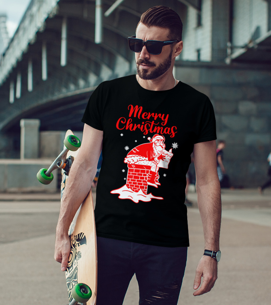Merry Christmas Santa Pooping Naughty List Snowflakes Chimney T-Shirt