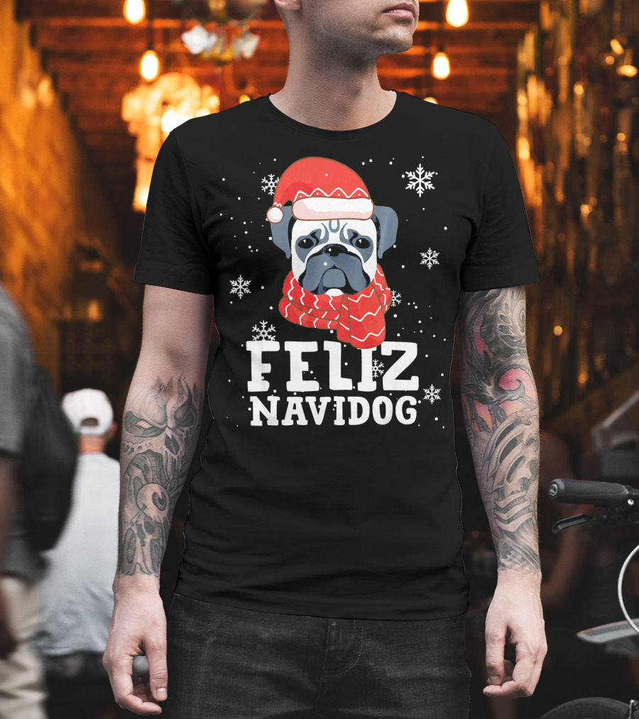 Feliz Navidog Pug Dog With Santa Hat And Scarf Snowflakes T-Shirt