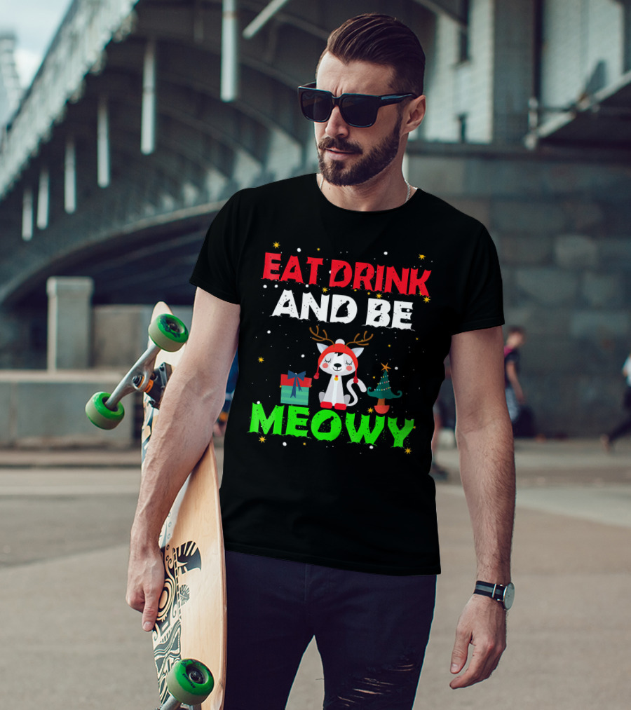 Eat Drink And Be Meowy Cat With Reindeer Antlers Holiday Motif T-Shirt