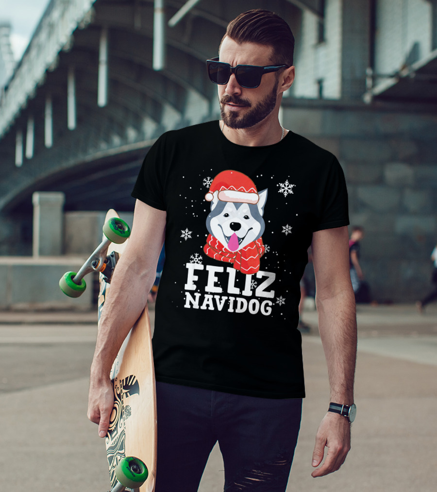 Feliz Navidog Husky Siberian Dog Festive Holiday Santa Hat And Snowflakes T-Shirt