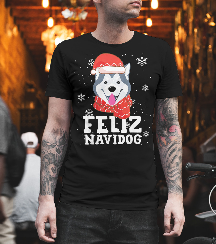 Feliz Navidog Husky Siberian Dog Festive Holiday Santa Hat and Snowflakes T-Shirt