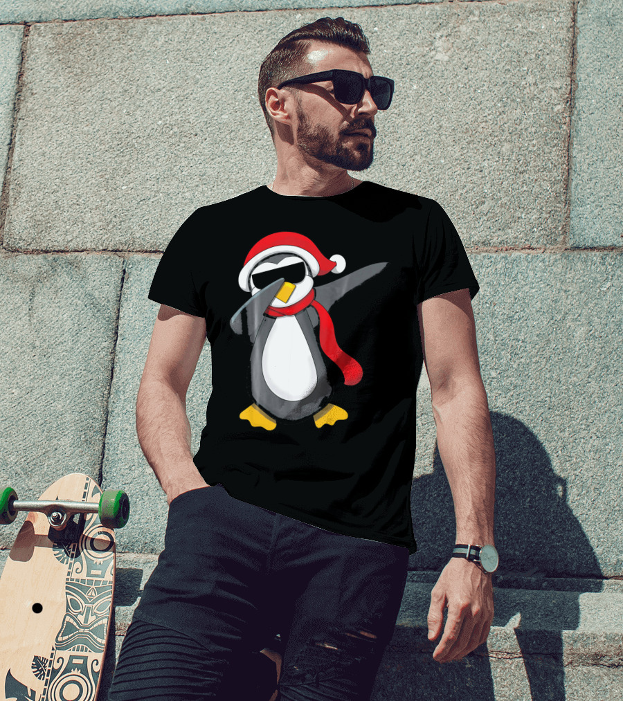 Dabbing Penguin Christmas Mornin Santa Hat Scarf Holiday Fun T-Shirt