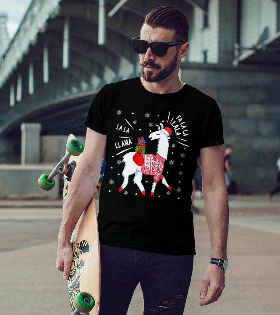 Fa La La Fa La La La La Llama Christmas Santa Hat Sweater Snowflakes T-Shirt