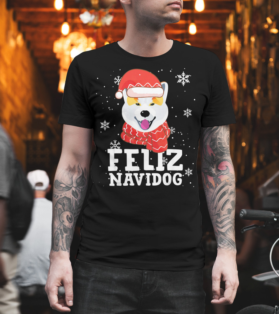 Feliz Navidog Shiba Inu Santa Hat Snowflakes T-Shirt