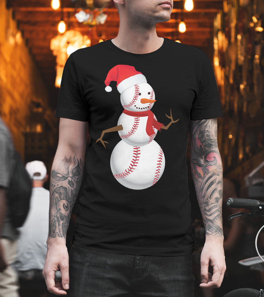 Snowman Made Of Baseballs With Santa Hat And Scarf T-Shirt