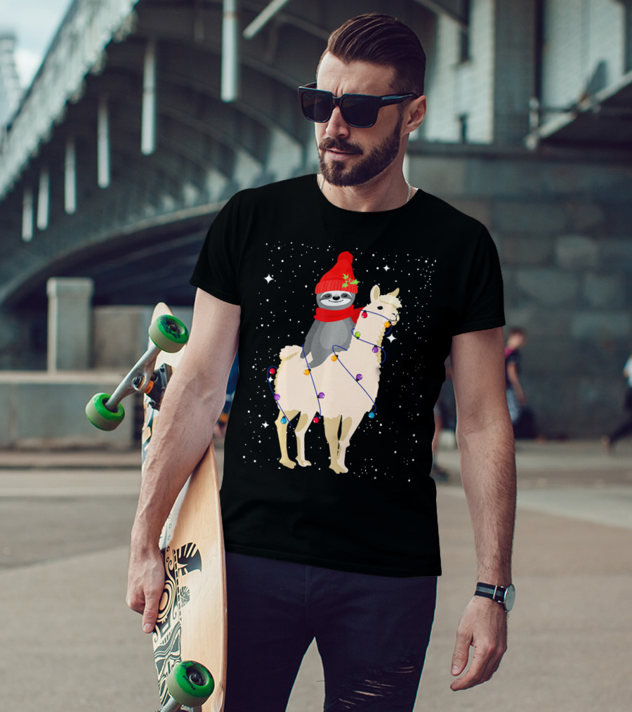 Sloth In Red Beanie And Scarf Riding Llama With Christmas Lights T-Shirt