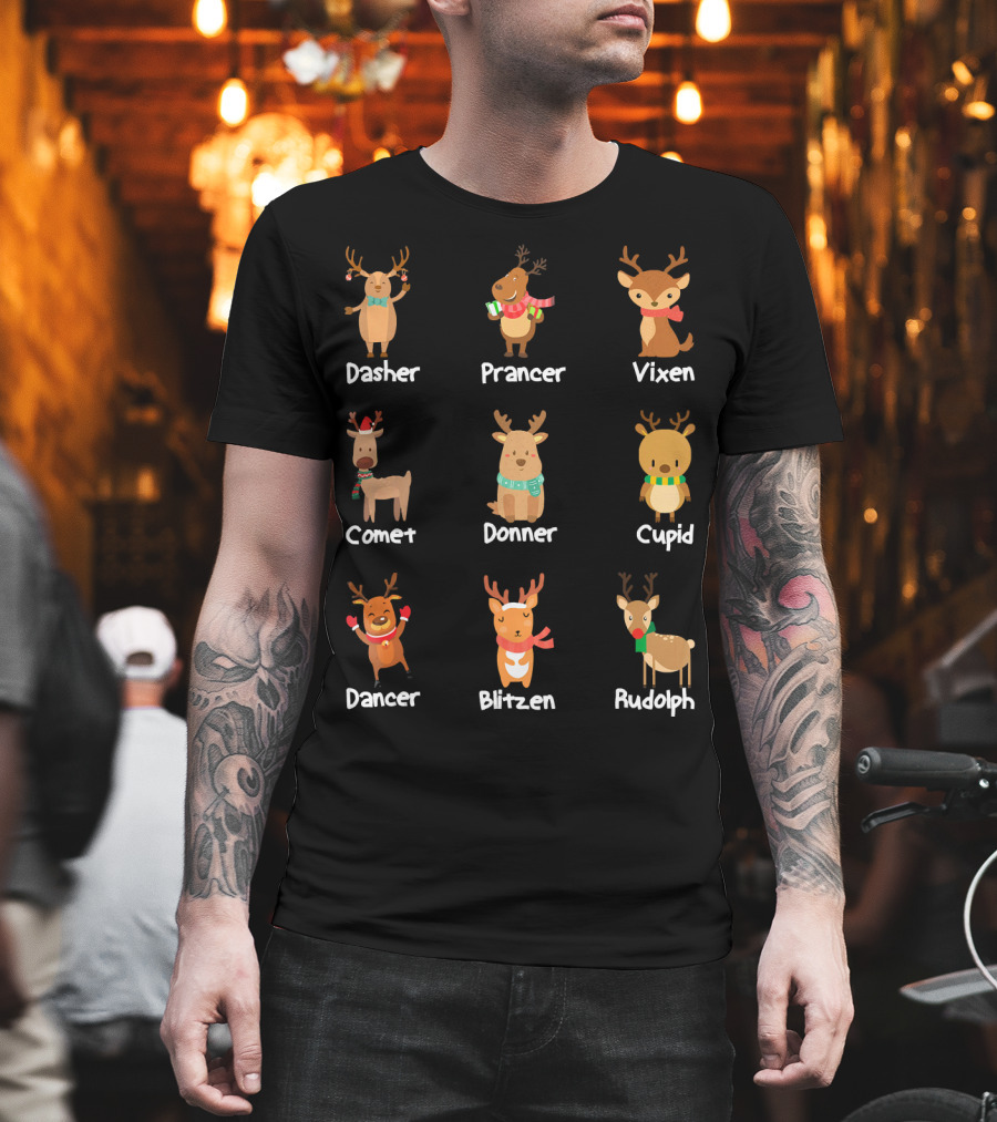 Santa's Reindeer Dasher Prancer Vixen Comet Donner Cupid Dancer Blitzen Rudolph Merry T-Shirt