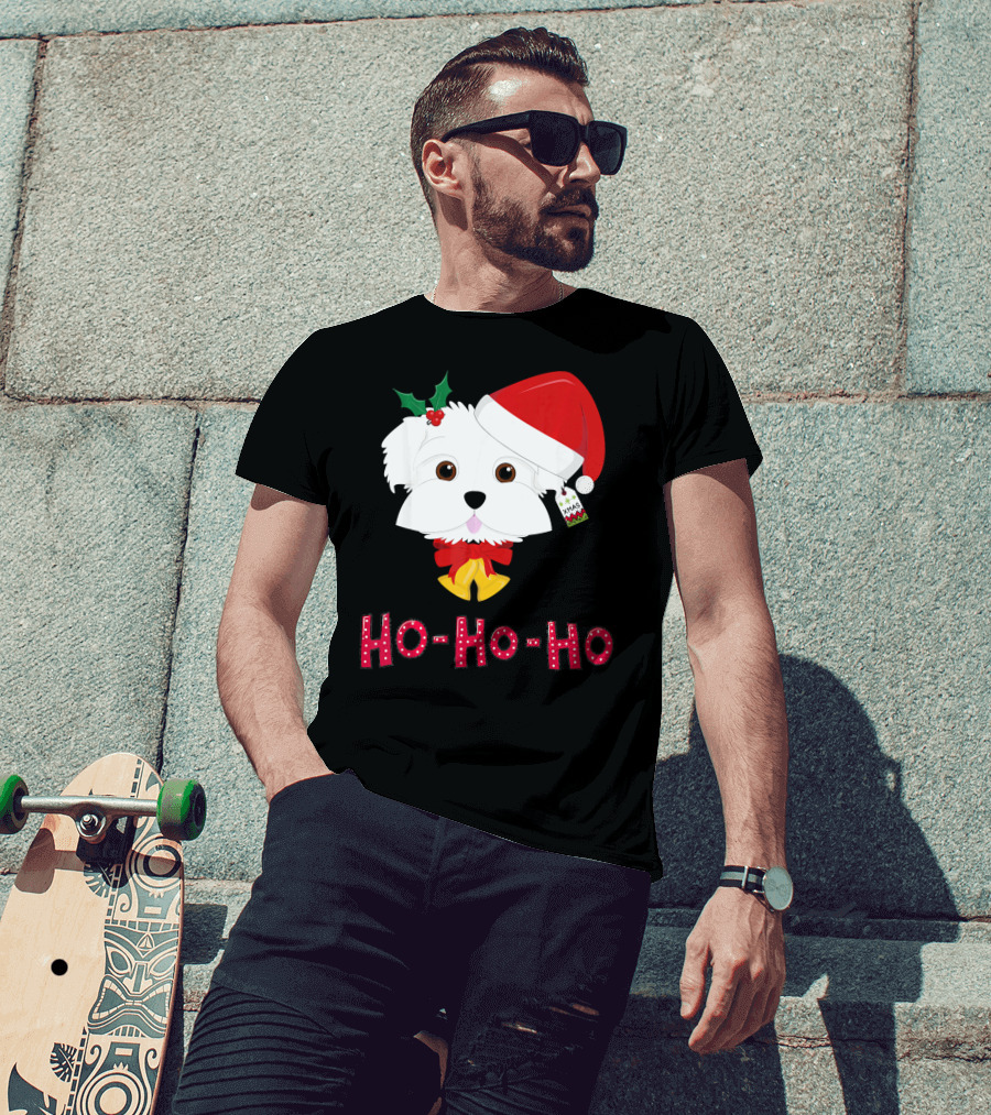 Maltese Dog In Santa Hat With Holly And Ho-Ho-Ho Text T-Shirt
