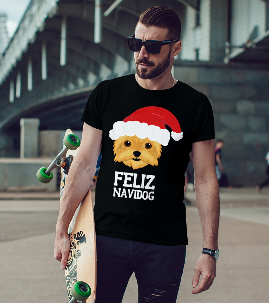 Feliz Navidog Merry Christmas Yorksh Dog Santa Hat T-Shirt