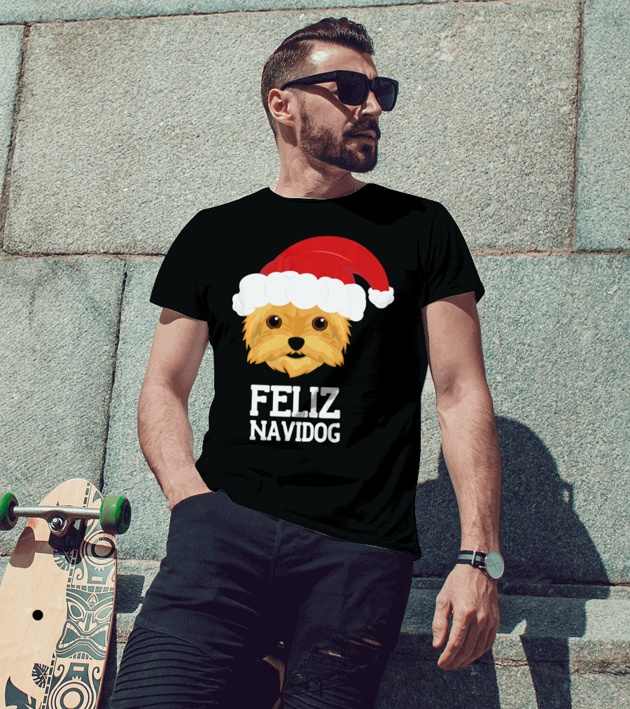 Feliz Navidog Merry Christmas Yorksh Dog Santa Hat T-Shirt