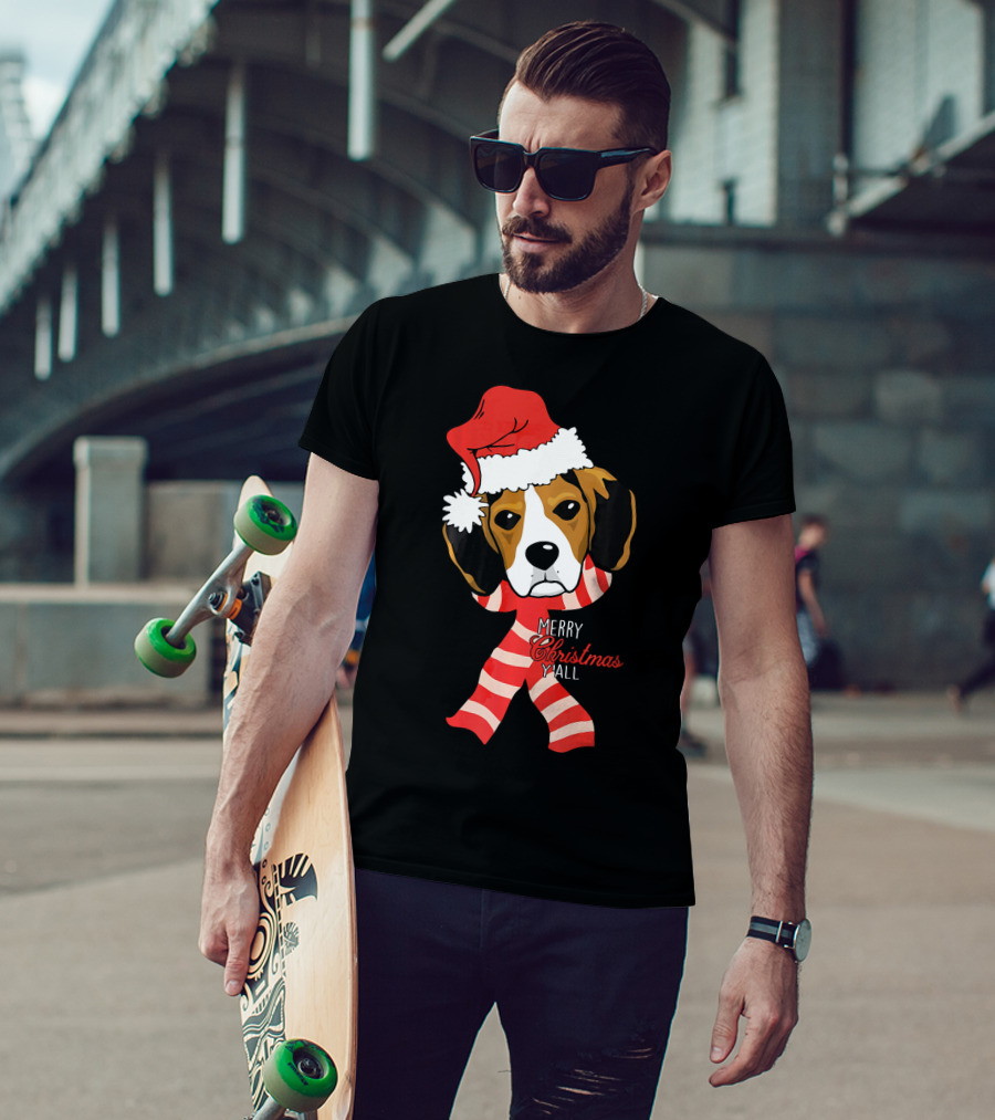 Merry Christmas Y'all Beagle Dog In Santa Hat And Striped Pajamas T-Shirt