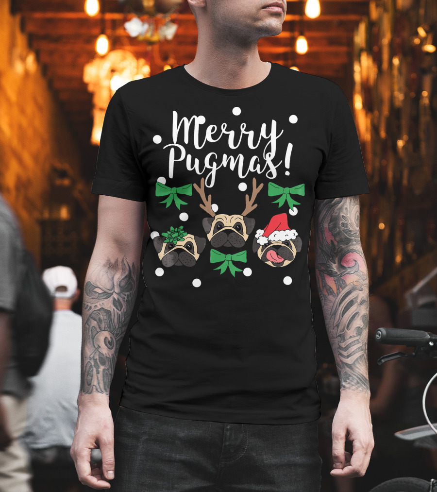 Merry Pugmas Pug Dogs With Christmas Antlers Santa Hat Bows And Snowflakes T-Shirt
