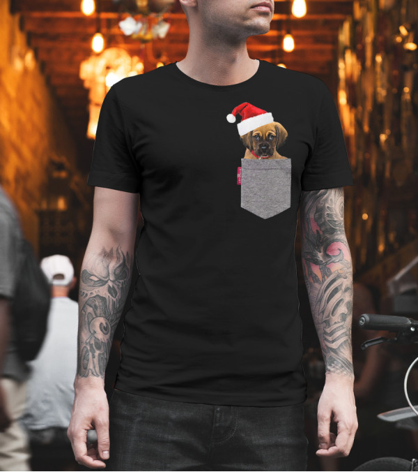 Puggle Puppy with Santa Hat in Gray Pocket Cute Beagle Pug T-Shirt Puggle Puppy with Santa Hat in Gray Pocket Cute Beagle Pug T-Shirt