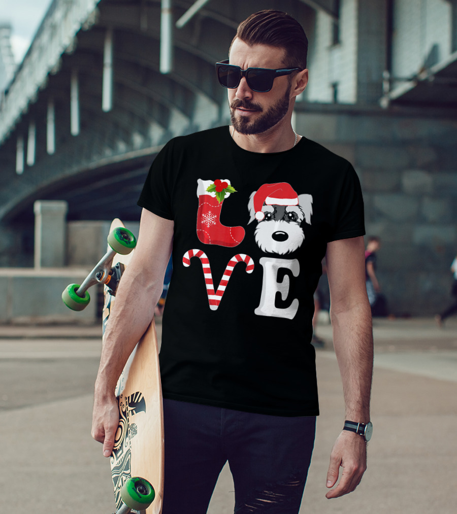 LOVE Miniature Schnauzer Santa Christmas Candy Cane T-Shirt