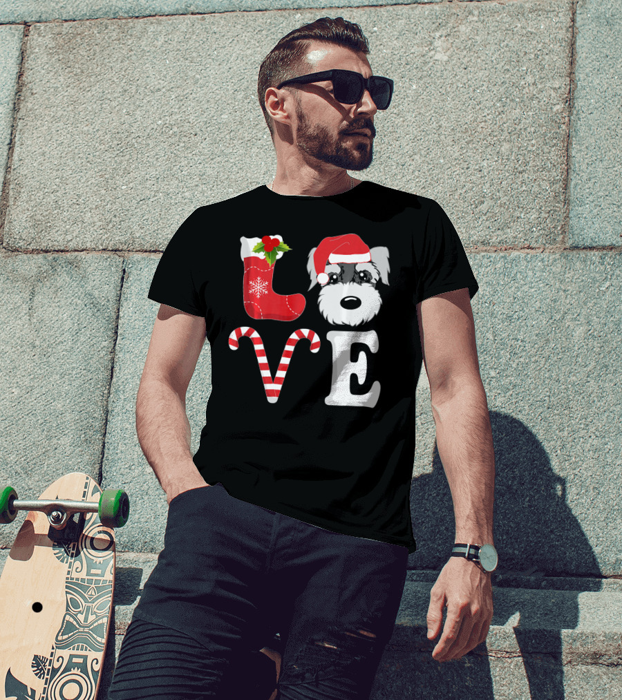 LOVE Miniature Schnauzer Santa Christmas Candy Cane T-Shirt