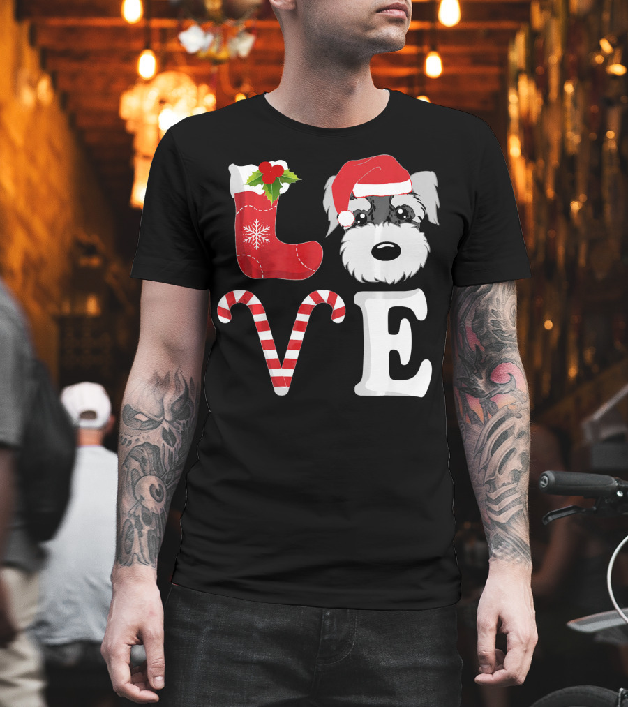 LOVE Miniature Schnauzer Santa Christmas Candy Cane T-Shirt