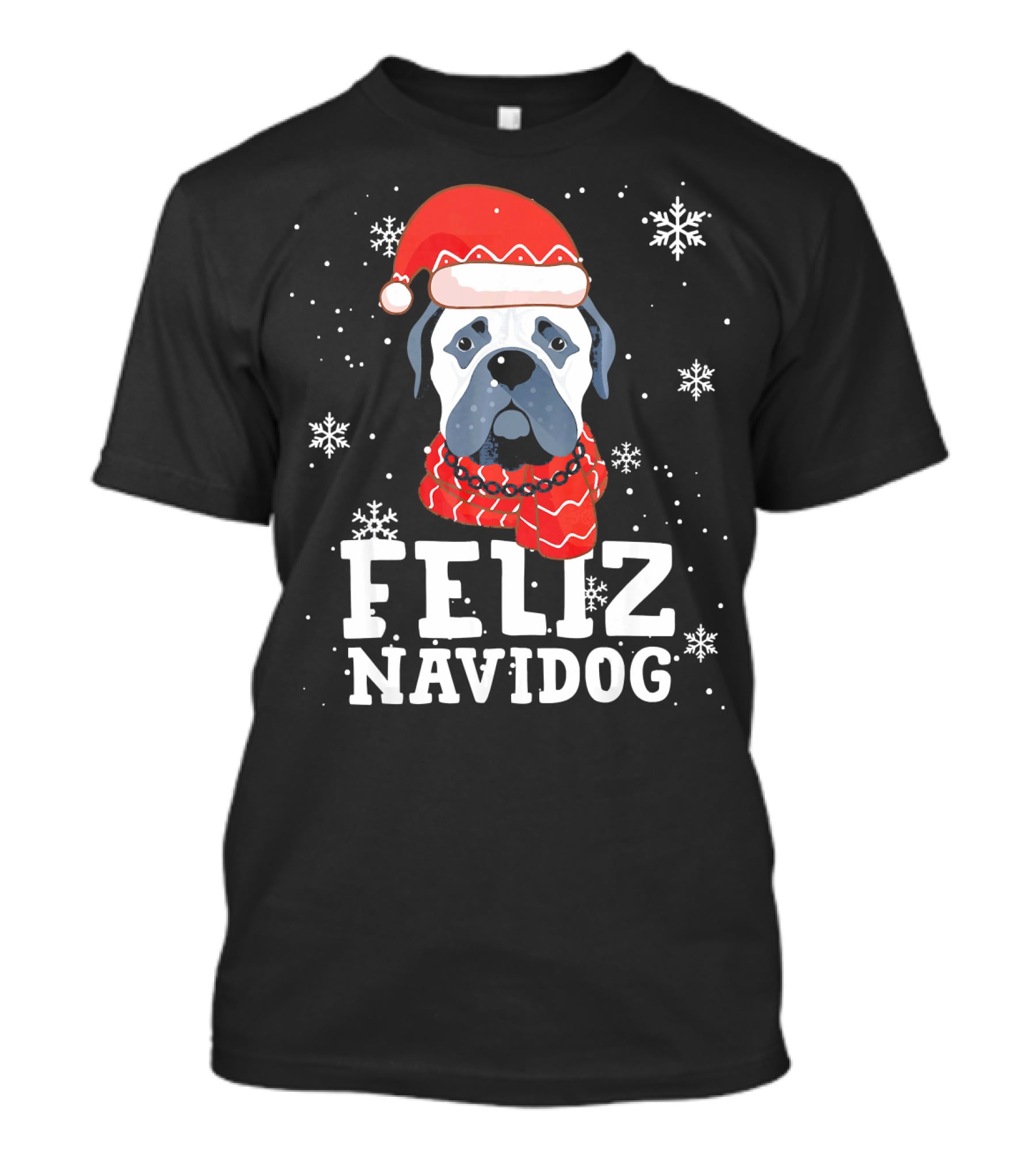 Feliz Navidog Bullmastiff Dog Christmas Santa Hat Snowflakes T-Shirt
