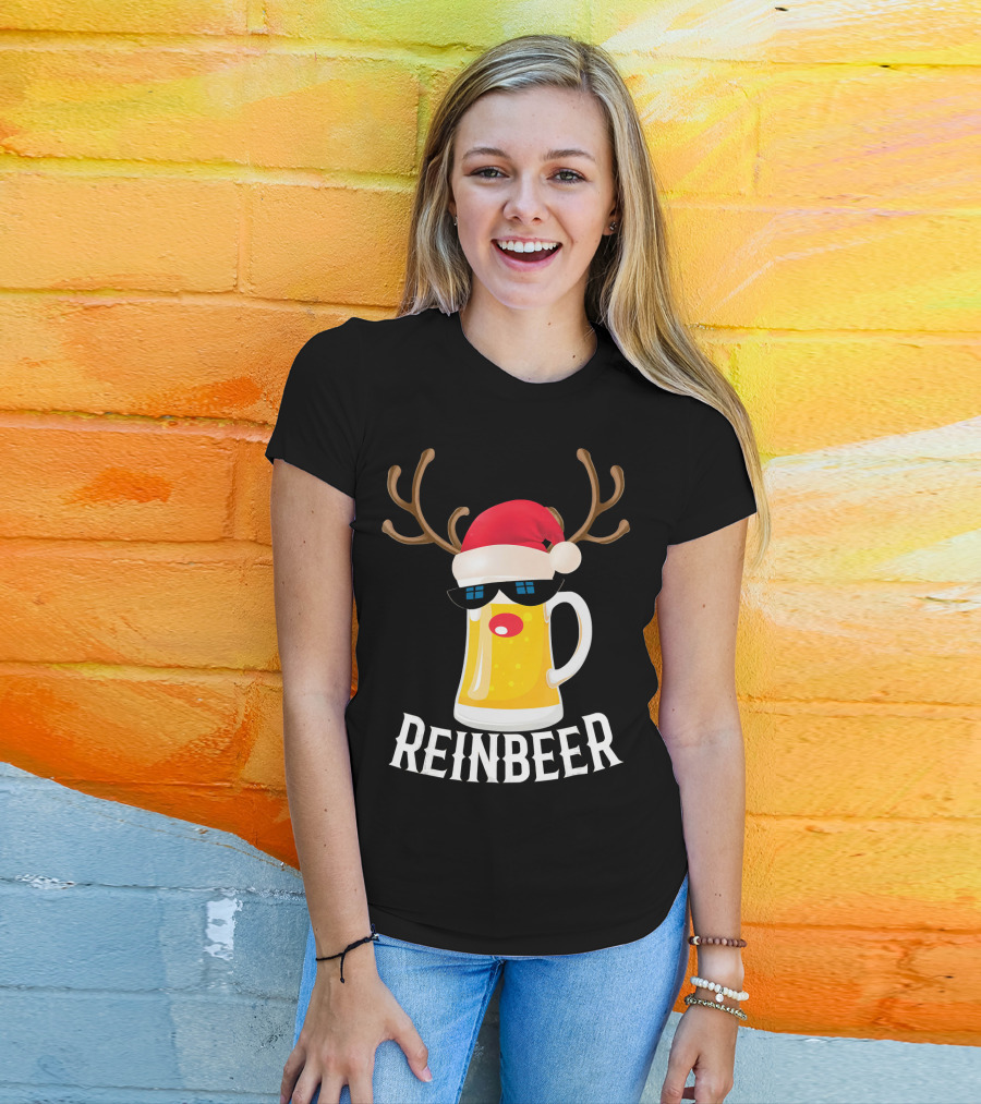 Reindeer Beer Christmas Funny Drinking Reinbeer Santa Hat T-Shirt